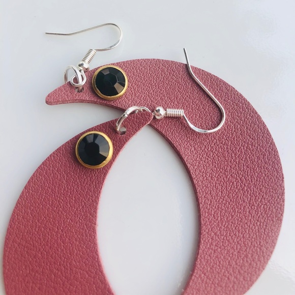 Vegan Leather Earrings Moons 925 Silver Brown New - Picture 2 of 4